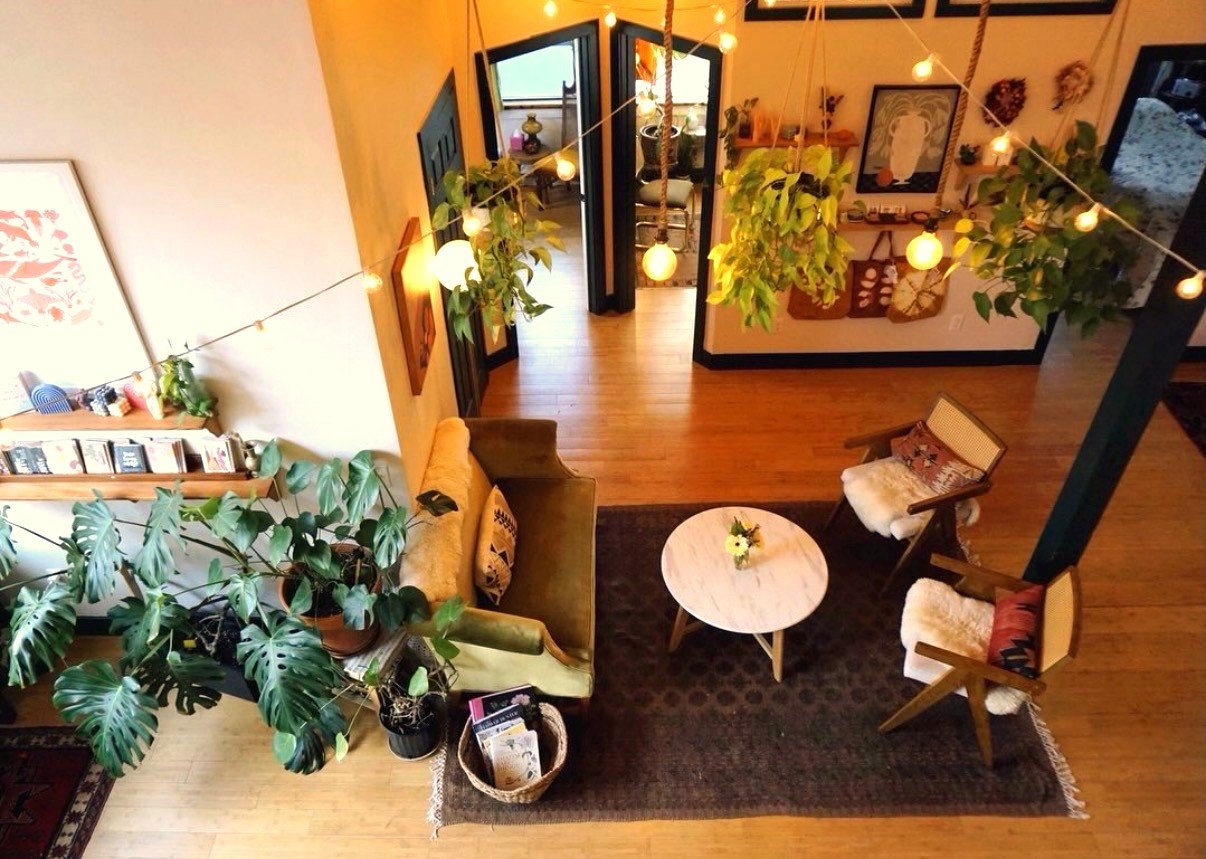 Treat salon lounge — Portland Oregon esthetics studio interior with hanging plants
